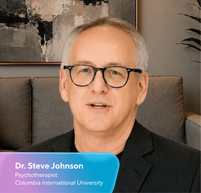 Dr. Steve Johnson, a psychotherapist, speaking with his name and title card visible.