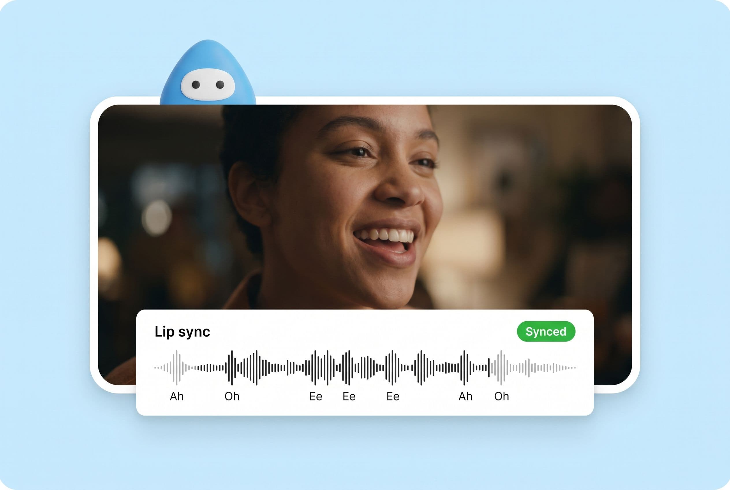 A smiling person sings inside a rounded white card with a floating Lip sync waveform panel marked Synced, blue Orby mascot peeking at the top-left.