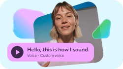 Smiling woman with a purple message bubble displaying 'Hello, this is how I sound.' and a play icon for bespoke voice.