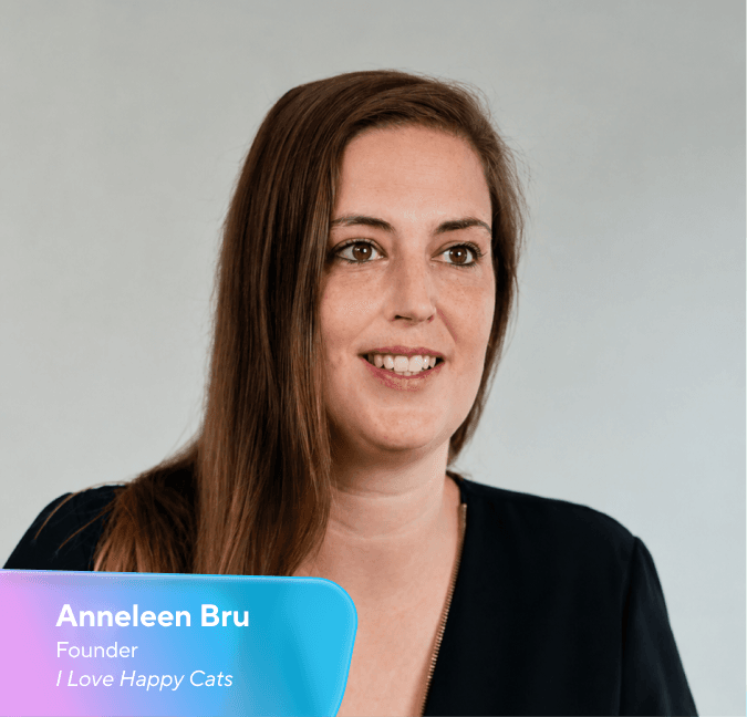Anneleen Bru, Founder of I Love Happy Cats, smiling and looking right.