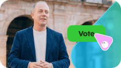 A man in a blue jacket and white sweater stands in front of blurry arches, with a green "Vote" button and a pink speech bubble with a face overlaying the image.