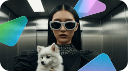 A stylish woman in light grey sunglasses holds a white fluffy dog inside a lift, with colourful translucent shapes floating around them.
