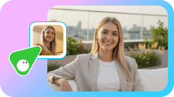 A smiling woman shown in a large video frame outdoors with a city background, and a smaller inset frame indoors; a green icon points from the small to the large frame.