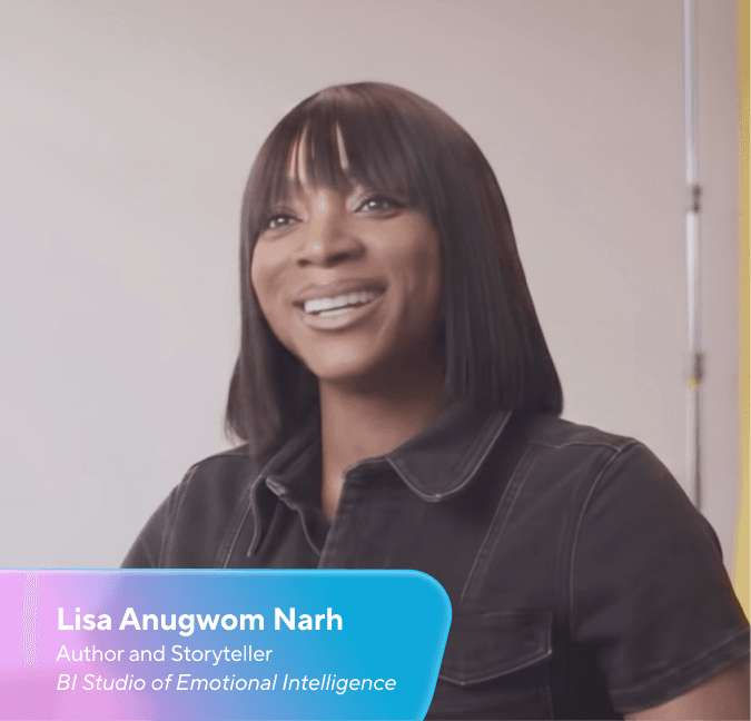 A headshot of Lisa Anugwom Narh smiling, with a graphic identifying her as Author and Storyteller, BI Studio of Emotional Intelligence.