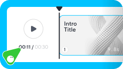 A video editing interface displaying a timeline marker at 00:11 of 00:30, next to a video clip labelled 'Intro Title.'