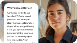 A woman's headshot next to a white text box titled "What's new at HeyGen".