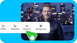 Un homme sourit devant une ligne d’horizon urbaine floutée, avec un menu numérique superposé affichant des options telles que « Media », « Elements », « Captions » et « Background », et une icône de pointeur verte survolant « Captions ».