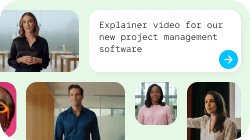 Multiple video thumbnails surrounding a text bubble that reads, 'Explainer video for our new project management software.'