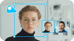 Woman's face with a blue bounding box, next to smaller profile images of faces.