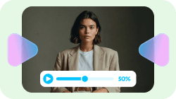 Lecteur vidéo affichant une femme, avec un bouton de lecture et une barre de progression à 50 %.