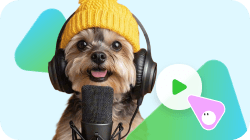 A happy dog wearing a yellow beanie, headphones, and microphone, with play button and mouse cursor icons.