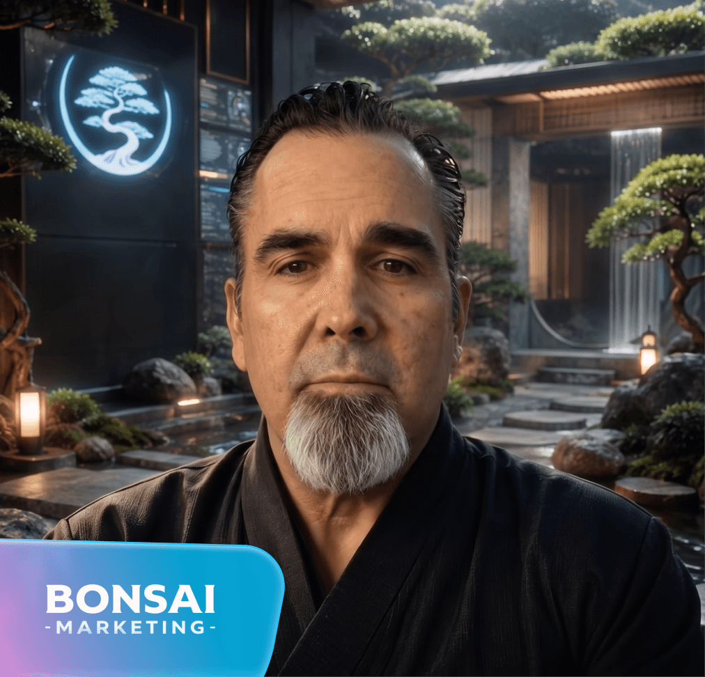 Man with goatee in dark uniform in Japanese garden, with glowing bonsai logo and 'BONSAI MARKETING' text overlay.