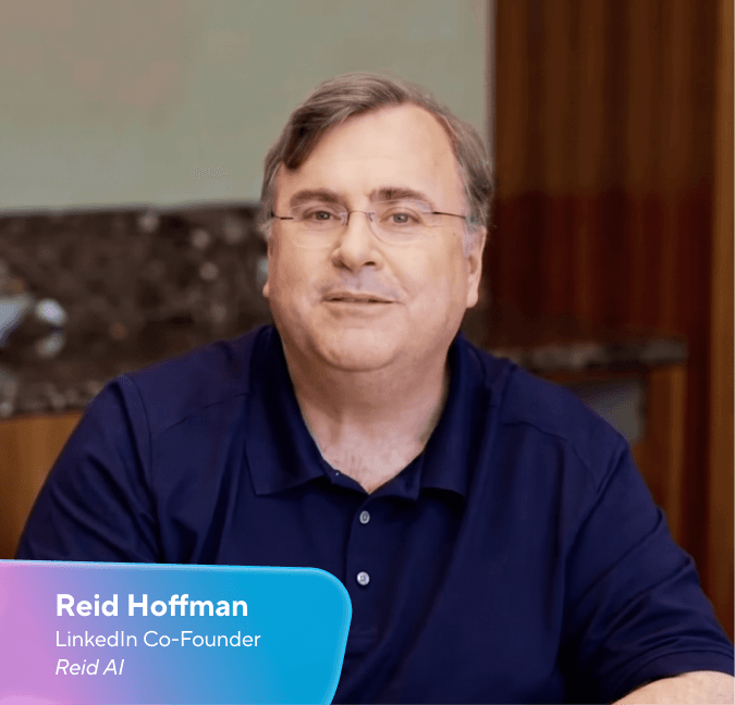 Reid Hoffman, LinkedIn Co-Founder and Reid AI founder, wearing glasses and a blue polo shirt, smiling.