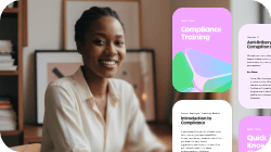 Smiling woman next to compliance training e-learning modules.