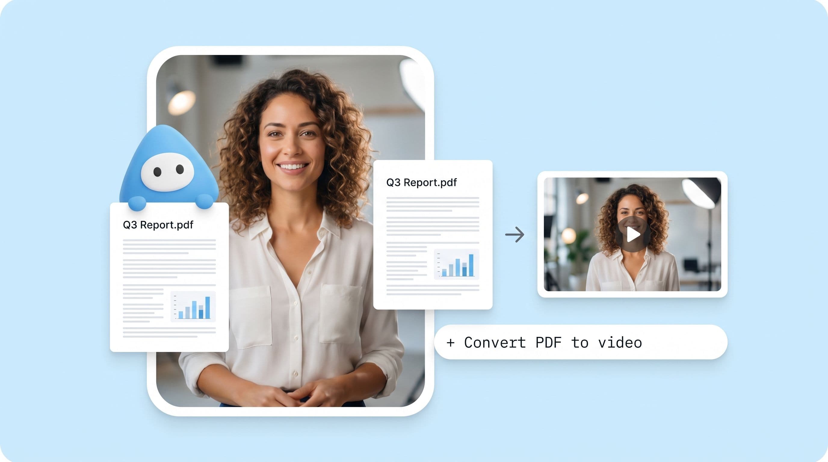 PDF to video converter interface: a PDF document on the left transforming into a finished video with a presenter on the right.