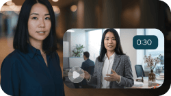 A professional woman next to a video thumbnail of her speaking in an office.