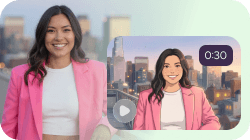 A smiling woman in a pink blazer standing next to an animated video of herself, both with a city skyline in the background.