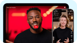 A tablet displays a video of a smiling Black man wearing glasses, while an overlapping smartphone shows a video of a blonde woman speaking.