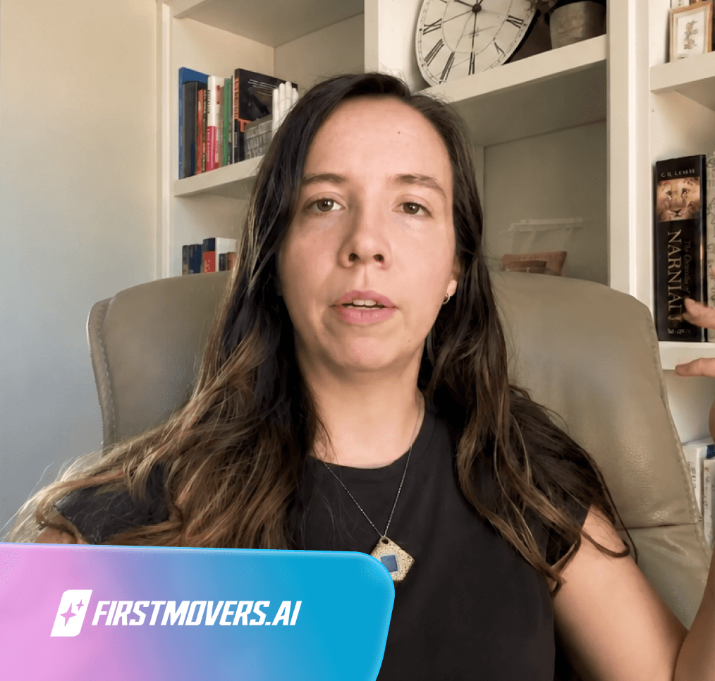 A woman with dark hair speaks in front of bookshelves, with a "firstmovers.ai" logo in the bottom left.