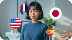A young Asian woman surrounded by the flags of France, Japan, the USA, and Spain.