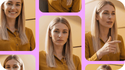 Collage of portraits of a blonde woman in a yellow shirt showing different expressions and poses.
