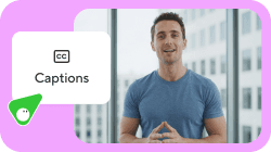A man speaking in a video, with a graphic overlay showing a CC icon and the word 'Captions'.